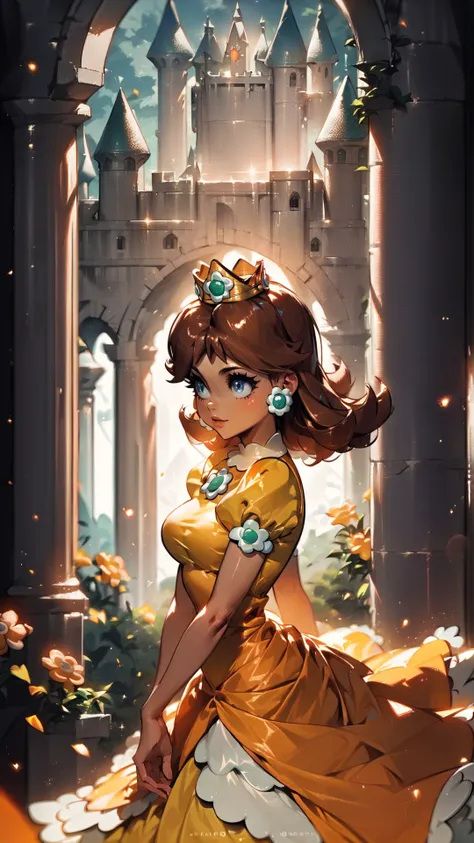 score_9,score_8_up,score_7_up,source_cartoon,source_anime,1girl,intricate,outdoors,castle,highly detailed,soft lighting,soft particles,glowing,medium breasts,curvy,<lora:Anime Summer Days Style SDXL_LoRA_Pony Diffusion V6 XL:1>,princess daisy,yellow dress,upper body,shiny dress,