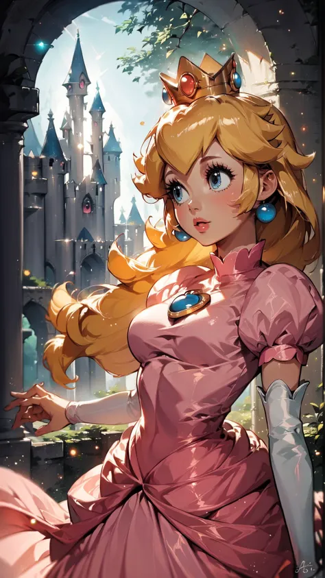 score_9,score_8_up,score_7_up,source_cartoon,source_anime,1girl,intricate,outdoors,castle,highly detailed,soft lighting,soft particles,glowing,medium breasts,curvy,<lora:Anime Summer Days Style SDXL_LoRA_Pony Diffusion V6 XL:1>,princess peach,pink dress,upper body,shiny dress,