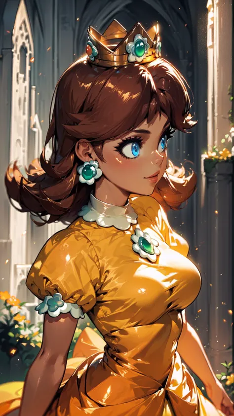 score_9,score_8_up,score_7_up,source_cartoon,source_anime,1girl,intricate,outdoors,castle,highly detailed,soft lighting,soft particles,glowing,medium breasts,curvy,<lora:Anime Summer Days Style SDXL_LoRA_Pony Diffusion V6 XL:1>,princess daisy,yellow dress,upper body,shiny dress,