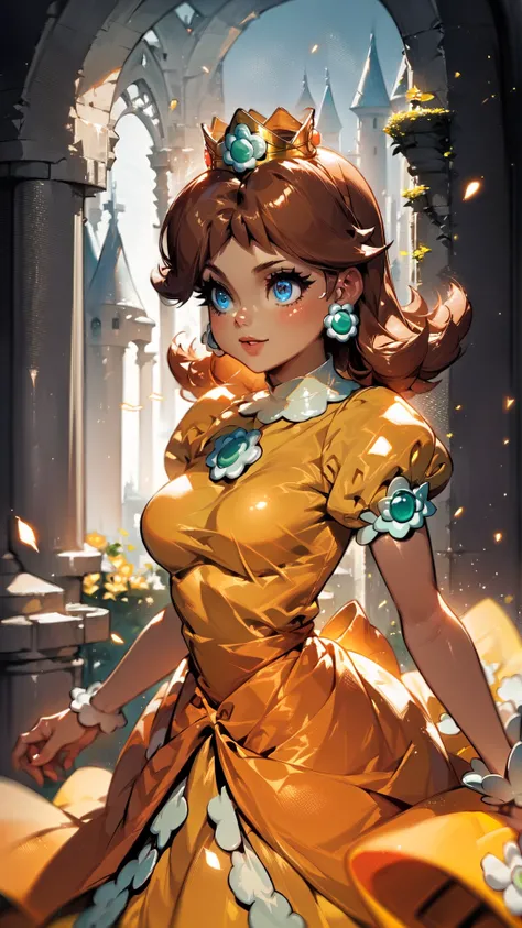 score_9,score_8_up,score_7_up,source_cartoon,source_anime,1girl,intricate,outdoors,castle,highly detailed,soft lighting,soft particles,glowing,medium breasts,curvy,<lora:Anime Summer Days Style SDXL_LoRA_Pony Diffusion V6 XL:1>,princess daisy,yellow dress,upper body,shiny dress,