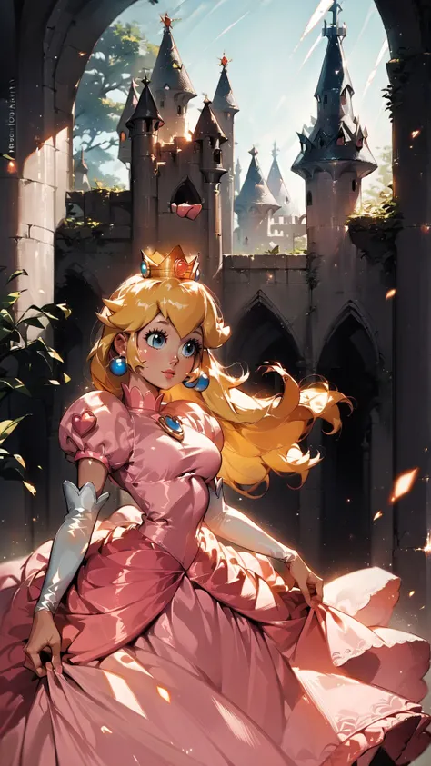 score_9,score_8_up,score_7_up,source_cartoon,source_anime,1girl,intricate,outdoors,castle,highly detailed,soft lighting,soft particles,glowing,medium breasts,curvy,<lora:Anime Summer Days Style SDXL_LoRA_Pony Diffusion V6 XL:1>,princess peach,pink dress,upper body,shiny dress,