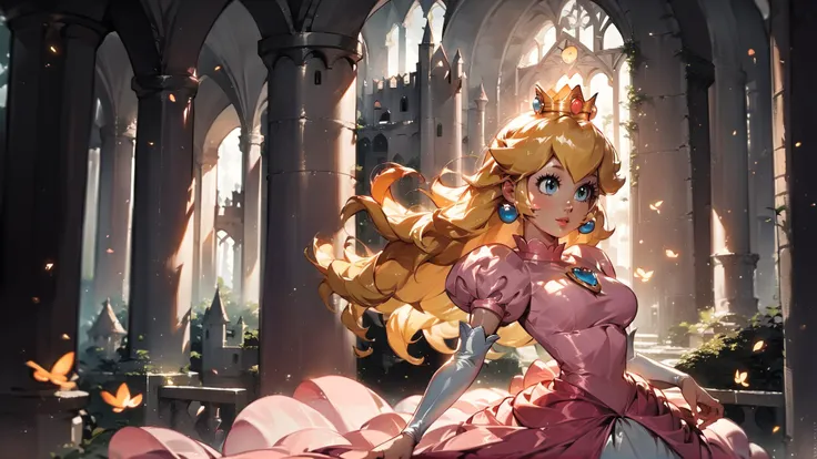 score_9,score_8_up,score_7_up,source_cartoon,source_anime,1girl,intricate,outdoors,castle,highly detailed,soft lighting,soft particles,glowing,medium breasts,curvy,<lora:Anime Summer Days Style SDXL_LoRA_Pony Diffusion V6 XL:1>,princess peach,pink dress,upper body,shiny dress,