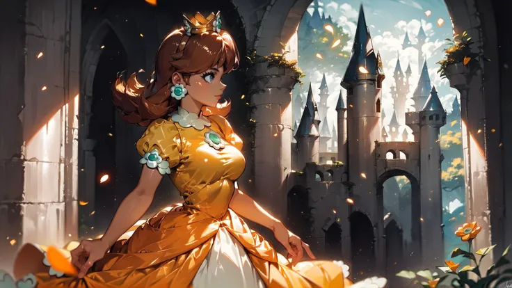 score_9,score_8_up,score_7_up,source_cartoon,source_anime,1girl,intricate,outdoors,castle,highly detailed,soft lighting,soft particles,glowing,medium breasts,curvy,<lora:Anime Summer Days Style SDXL_LoRA_Pony Diffusion V6 XL:1>,princess daisy,yellow dress,upper body,shiny dress,