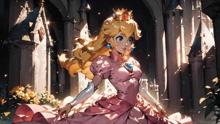 score_9,score_8_up,score_7_up,source_cartoon,source_anime,1girl,intricate,outdoors,castle,highly detailed,soft lighting,soft particles,glowing,medium breasts,curvy,<lora:Anime Summer Days Style SDXL_LoRA_Pony Diffusion V6 XL:1>,princess peach,pink dress,upper body,shiny dress,
