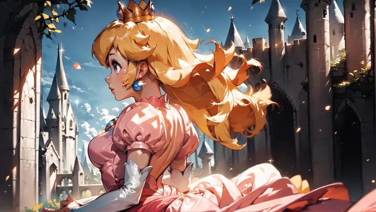 score_9,score_8_up,score_7_up,source_cartoon,source_anime,1girl,intricate,outdoors,castle,highly detailed,soft lighting,soft particles,glowing,medium breasts,curvy,<lora:Anime Summer Days Style SDXL_LoRA_Pony Diffusion V6 XL:1>,princess peach,pink dress,upper body,shiny dress,