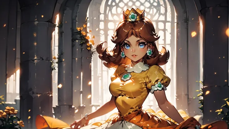 score_9,score_8_up,score_7_up,source_cartoon,source_anime,1girl,intricate,outdoors,castle,highly detailed,soft lighting,soft particles,glowing,medium breasts,curvy,<lora:Anime Summer Days Style SDXL_LoRA_Pony Diffusion V6 XL:1>,princess daisy,yellow dress,upper body,shiny dress,
