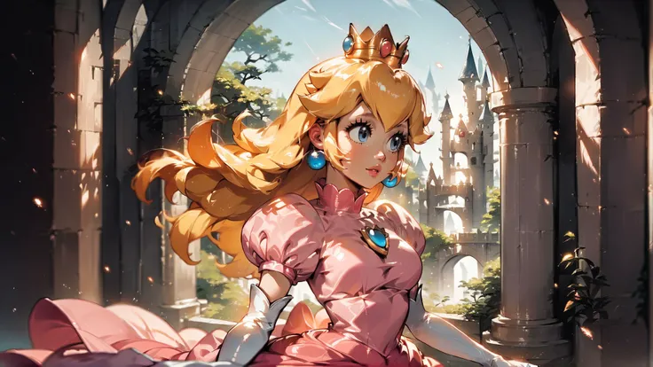 score_9,score_8_up,score_7_up,source_cartoon,source_anime,1girl,intricate,outdoors,castle,highly detailed,soft lighting,soft particles,glowing,medium breasts,curvy,<lora:Anime Summer Days Style SDXL_LoRA_Pony Diffusion V6 XL:1>,princess peach,pink dress,upper body,shiny dress,