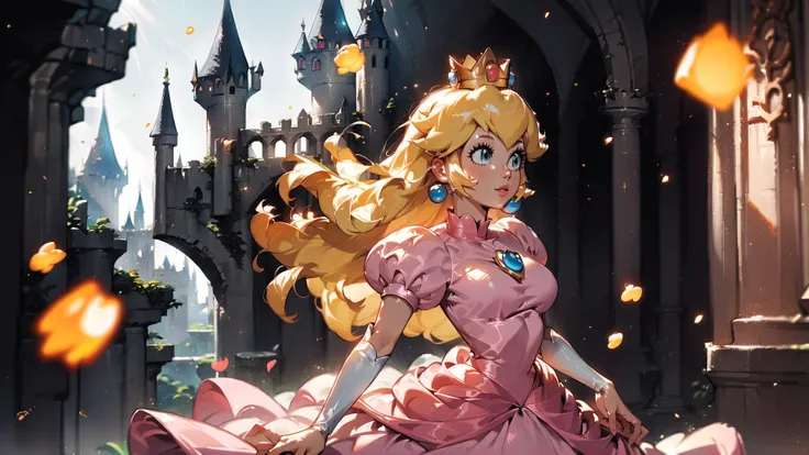 score_9,score_8_up,score_7_up,source_cartoon,source_anime,1girl,intricate,outdoors,castle,highly detailed,soft lighting,soft particles,glowing,medium breasts,curvy,<lora:Anime Summer Days Style SDXL_LoRA_Pony Diffusion V6 XL:1>,princess peach,pink dress,upper body,shiny dress,