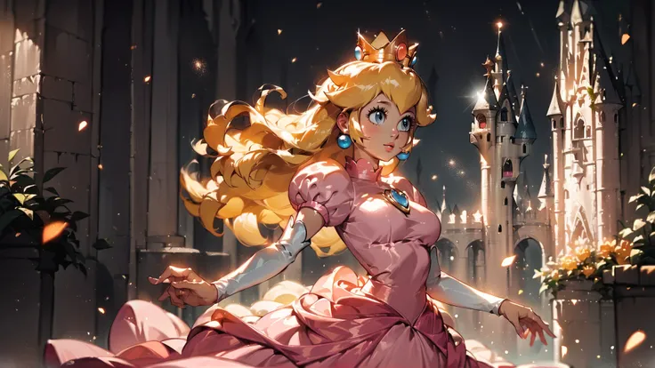 score_9,score_8_up,score_7_up,source_cartoon,source_anime,1girl,intricate,outdoors,castle,highly detailed,soft lighting,soft particles,glowing,medium breasts,curvy,<lora:Anime Summer Days Style SDXL_LoRA_Pony Diffusion V6 XL:1>,princess peach,pink dress,upper body,shiny dress,
