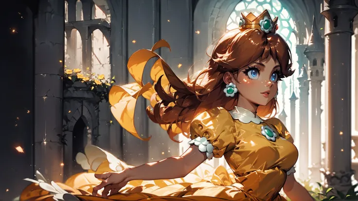 score_9,score_8_up,score_7_up,source_cartoon,source_anime,1girl,intricate,outdoors,castle,highly detailed,soft lighting,soft particles,glowing,medium breasts,curvy,<lora:Anime Summer Days Style SDXL_LoRA_Pony Diffusion V6 XL:1>,princess daisy,yellow dress,upper body,shiny dress,