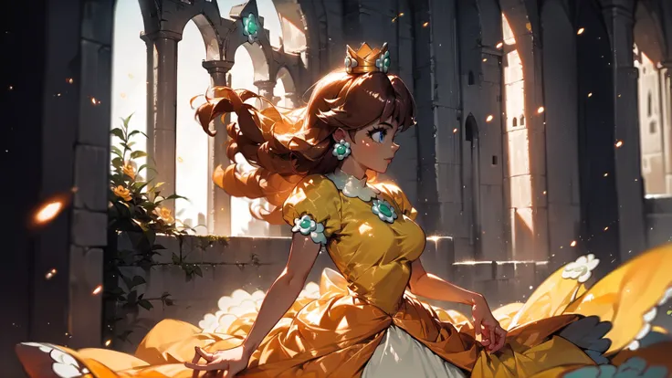 score_9,score_8_up,score_7_up,source_cartoon,source_anime,1girl,intricate,outdoors,castle,highly detailed,soft lighting,soft particles,glowing,medium breasts,curvy,<lora:Anime Summer Days Style SDXL_LoRA_Pony Diffusion V6 XL:1>,princess daisy,yellow dress,upper body,shiny dress,