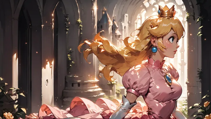score_9,score_8_up,score_7_up,source_cartoon,source_anime,1girl,intricate,outdoors,castle,highly detailed,soft lighting,soft particles,glowing,medium breasts,curvy,<lora:Anime Summer Days Style SDXL_LoRA_Pony Diffusion V6 XL:1>,princess peach,pink dress,upper body,shiny dress,