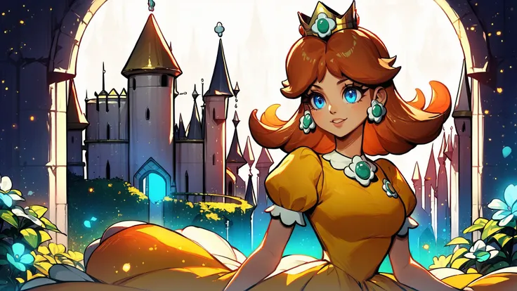 score_9,score_8_up,score_7_up,source_cartoon,source_anime,1girl,intricate,outdoors,castle,highly detailed,soft lighting,soft particles,glowing,medium breasts,curvy,<lora:Line Art Style LoRA XL:0.8>,princess daisy,yellow dress,upper body,shiny dress,