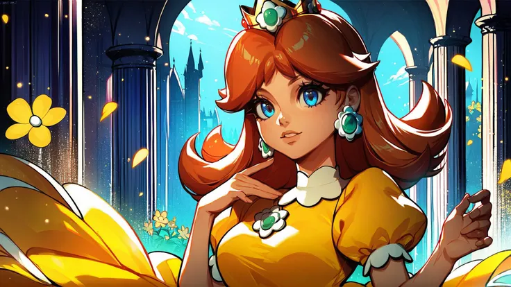 score_9,score_8_up,score_7_up,source_cartoon,source_anime,1girl,intricate,outdoors,castle,highly detailed,soft lighting,soft particles,glowing,medium breasts,curvy,<lora:Line Art Style LoRA XL:0.8>,princess daisy,yellow dress,upper body,shiny dress,