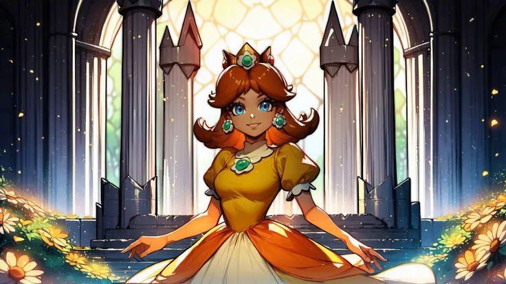 score_9,score_8_up,score_7_up,source_cartoon,source_anime,1girl,intricate,outdoors,castle,highly detailed,soft lighting,soft particles,glowing,medium breasts,curvy,<lora:Line Art Style LoRA XL:0.8>,princess daisy,yellow dress,upper body,shiny dress,