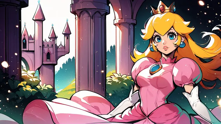 score_9,score_8_up,score_7_up,source_cartoon,source_anime,1girl,intricate,outdoors,castle,highly detailed,soft lighting,soft particles,glowing,medium breasts,curvy,<lora:Line Art Style LoRA XL:0.8>,princess peach,pink dress,upper body,shiny dress,