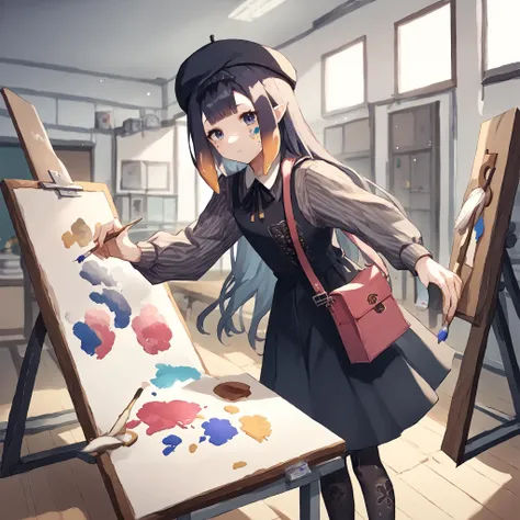 rating_safe, rating_questionable, source_anime, score_9, score_8_up, score_7_up, score_6_up, 1girl, BREAK paint, ((dirty clothes)), ((paint on clothes)), dusty, museum, art gallery, painting on canvas, paint brush, bending over, professional, artsy, intricate detail, cute, <lora:Anime Style 2 SDXL_LoRA_Pony Diffusion V6 XL:0.8> <lora:add-detail-xl:1> <lora:inaXL:0.8> 1girl, ina, mole under eye, inapainter, pinafore dress, pinstripe shirt, beret, pantyhose, pinstripe pattern, shoulder bag, mole under eye