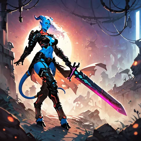 score_9, score_8_up, score_7_up, score_6_up, score_5_up, score_4_up,
Cyberpunk, draenei, blue skin, large sword, mechanical parts, warrior, heavy armor, glowing white hair, detailed, holding sword, planted sword
<lora:Ink Style SDXL_LoRA_20r_10e_14i_nr32_a16_Pony Diffusion V6 XL:0.8>, volumetric lighting, depth of field, cinematic