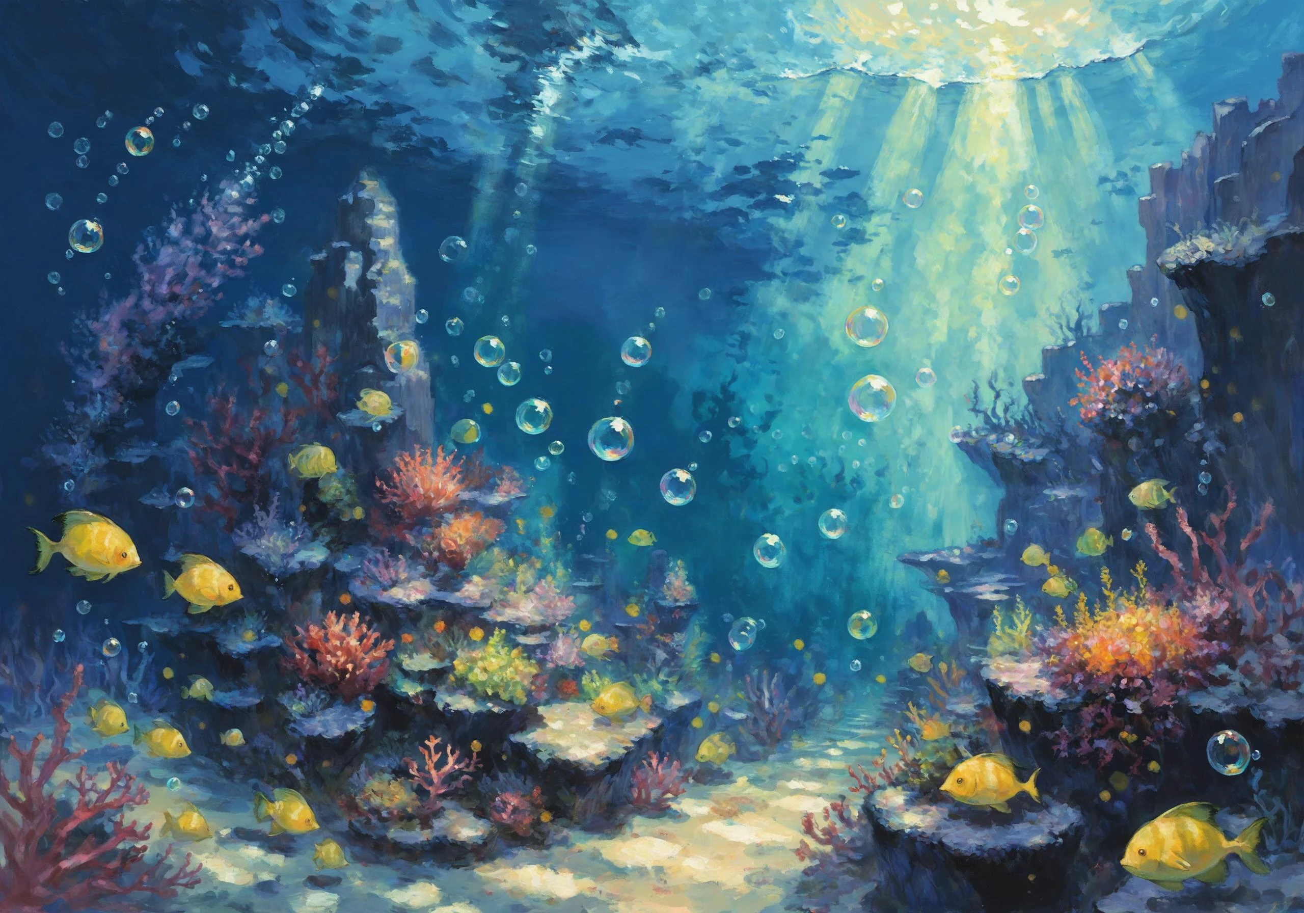 art by toridamono, underwater, art by hayao miyazaki, a painting of a beautiful underwater landscape, bubbles, oil painting \(medium\), deep ocean, underwater city, art by takehito harada, <lora:Impressionism Oil Painting Style LoRA_Pony XL v6:0.5>, asymmetrical, golden ratio