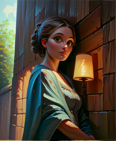 score_9_up, score_8_up, score_7_up, <lora:Pony_QualityV4.0:1>, upper body, dutch_angle, 1girl, innocent, big eyes, cute, breasts, ,, outdoors, allywall, wood wall, lamp, midday, cloudy, <lora:Faux Oil Painting Stylev6:.7>, painterly, faux traditional media, realistic