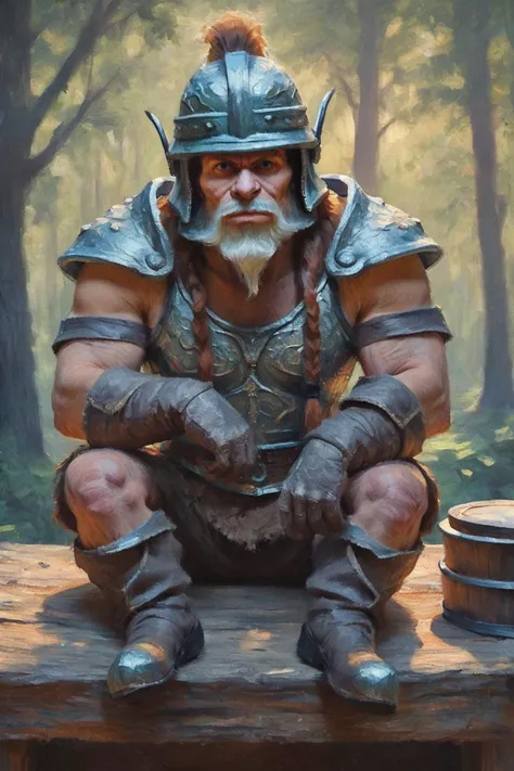 score_9, score_8_up, source_anime, rating_safe, Fantasy, dwarf, 1boy, long braided hair, ((long beard)), bushy beard,Metal armor, boots, gloves, dark blue eyes, sitting at a table, holding bone, centered, portrait, Bog, dead trees, , photorealistic, facing viewer, Morning, <lora:Impressionism Oil Painting Style LoRA_Pony XL v6:0.8> oil painting, traditional media, up close, detailed face, face focus, full body, solo, looking at viewer, ((short stack)), wearing helmet