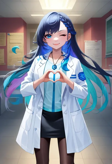 score_9, score_8_up, score_7_up, source_anime, rating_safe, solo, 1girl, civitai-chan, smile, looking at viewer, heart hands, braided bangs, one eye closed, labcoat, shirt, shirt tucked in, single vertical stripe, black skirt, pencil skirt, pantyhose, necklace, belt <lora:gijinkaseries_civitai_ponyXL:1> <lora:Anime Style 2 SDXL_LoRA_Pony Diffusion V6 XL:0.6>