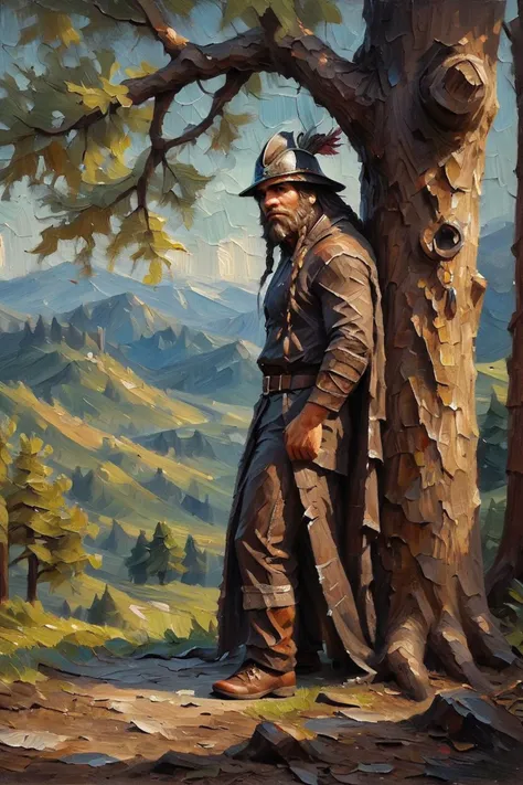 score_9, score_8_up, source_anime, rating_safe, Fantasy, dwarf, 1boy, long braided hair, ((long beard)), bushy beard,Doublet, cloak,pants, shoes, tudor flat cap, belt, bard, dark brown eyes, leaning back against tree, holding club, centered, portrait, , distant trees, photorealistic, from the side, Morning, <lora:Palette Knife Painting Style LoRA_Pony XL v6:0.7> oil painting, traditional media, up close, detailed face, face focus, full body, solo, looking at viewer, wearing helmet
