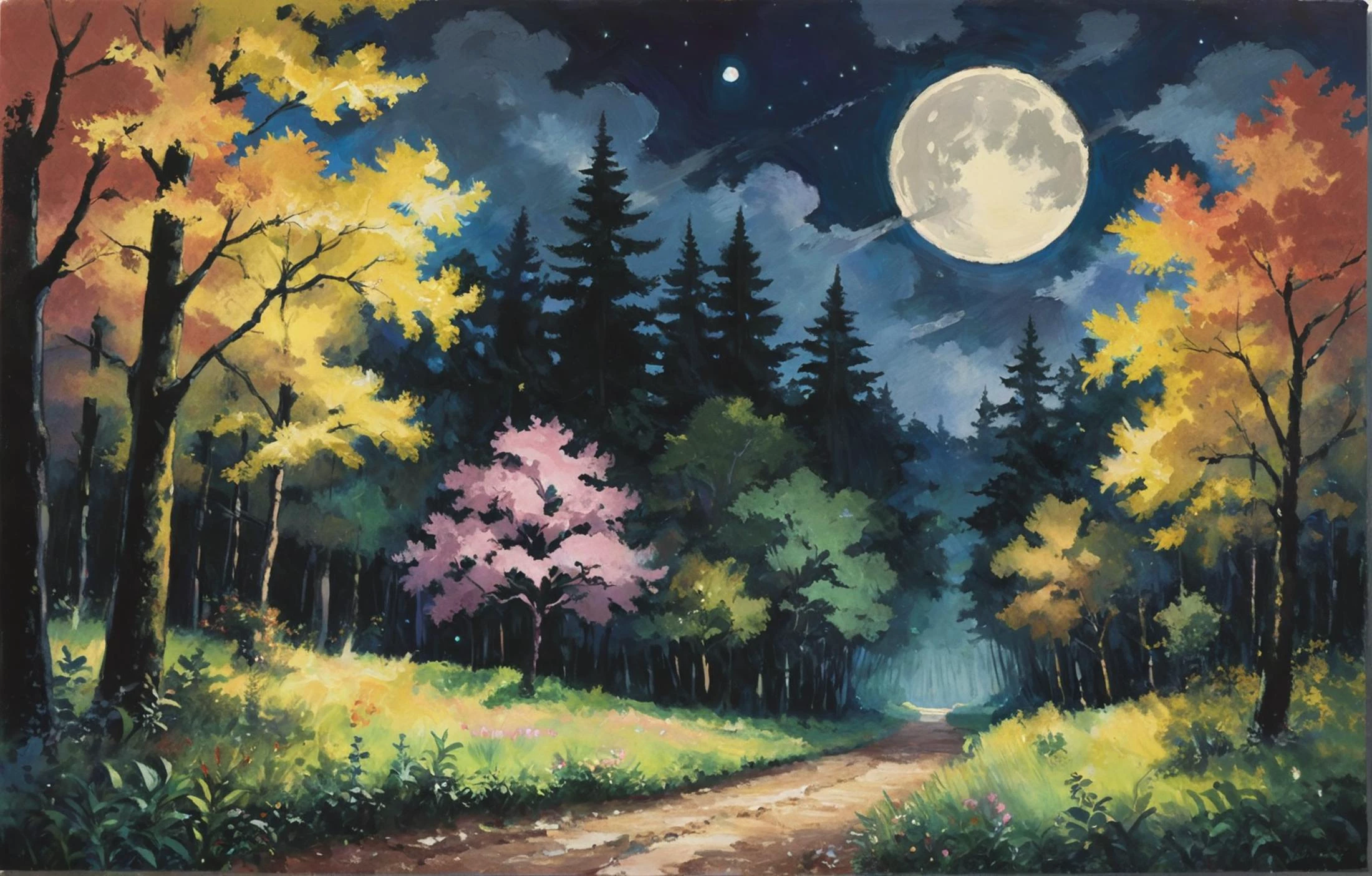 art by toridamono, full moon, art by hayao miyazaki, a painting of a beautiful foreboding forest, oil painting \(medium\), dark, art by takehito harada, <lora:Impressionism Oil Painting Style LoRA_Pony XL v6:0.5>, asymmetrical, golden ratio, <lora:zavy-cntrst-sdxl:1.2>