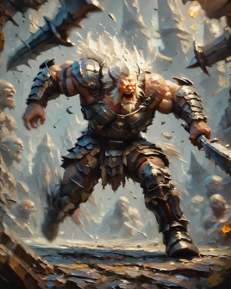 score_9, score_8_up, score_7_up, extremely muscular barbarian, male, intimidating look , (tall:1.1), jacked, barbarian pelt, full body, body forward (running:1.1), (charging in:1.2) (wielding a massive sword:1.1), (screaming:0.5) furious, glowing eyes, extremely long white hair and beard, (parallax, (depth of field, motion blur:1.3):1.1), <lora:Palette Knife Painting Style LoRA_Pony XL v6:1> (armored:1.2), guild wars 2 warrior