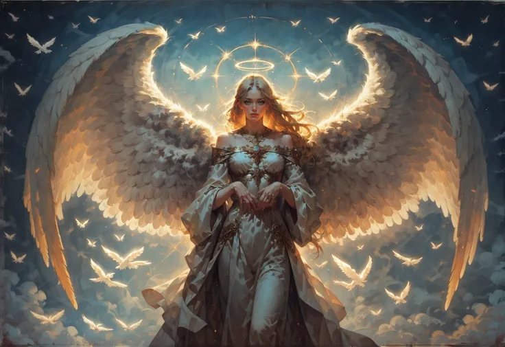 score_9, score_8_up, score_7_up, woman, intricate, gold trim, fringe, wings, otherworldly, angelic outfit, Crystaline Peaks, angel, vibrant, high contrast, (atmospheric perspective:1.3), blonde hair, radiance, ephemeral, white and gold <lora:sdxl\vixon_pony_oil:0.7> <lora:sdxl\Anime Summer Days Style SDXL_LoRA_Pony Diffusion V6 XL:0.5>