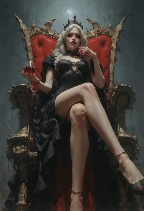 A beautiful vampire queen sits on a throne made of black stone, surrounded by bats and glowing red roses. Her hair is a cascade of silver, flowing down her back, and her eyes glow with an otherworldly light. She wears a provocative, dark red corset and a long skirt with slits that show off her long, elegant legs. Her nails are long and sharp, and she rests one hand on her chin, exuding a sense of power and danger. The background features stained glass windows depicting ancient, cryptic symbols, casting eerie, colored lights into the room. Aim for realistic depiction, make sure photos are at highest resolution (8K)