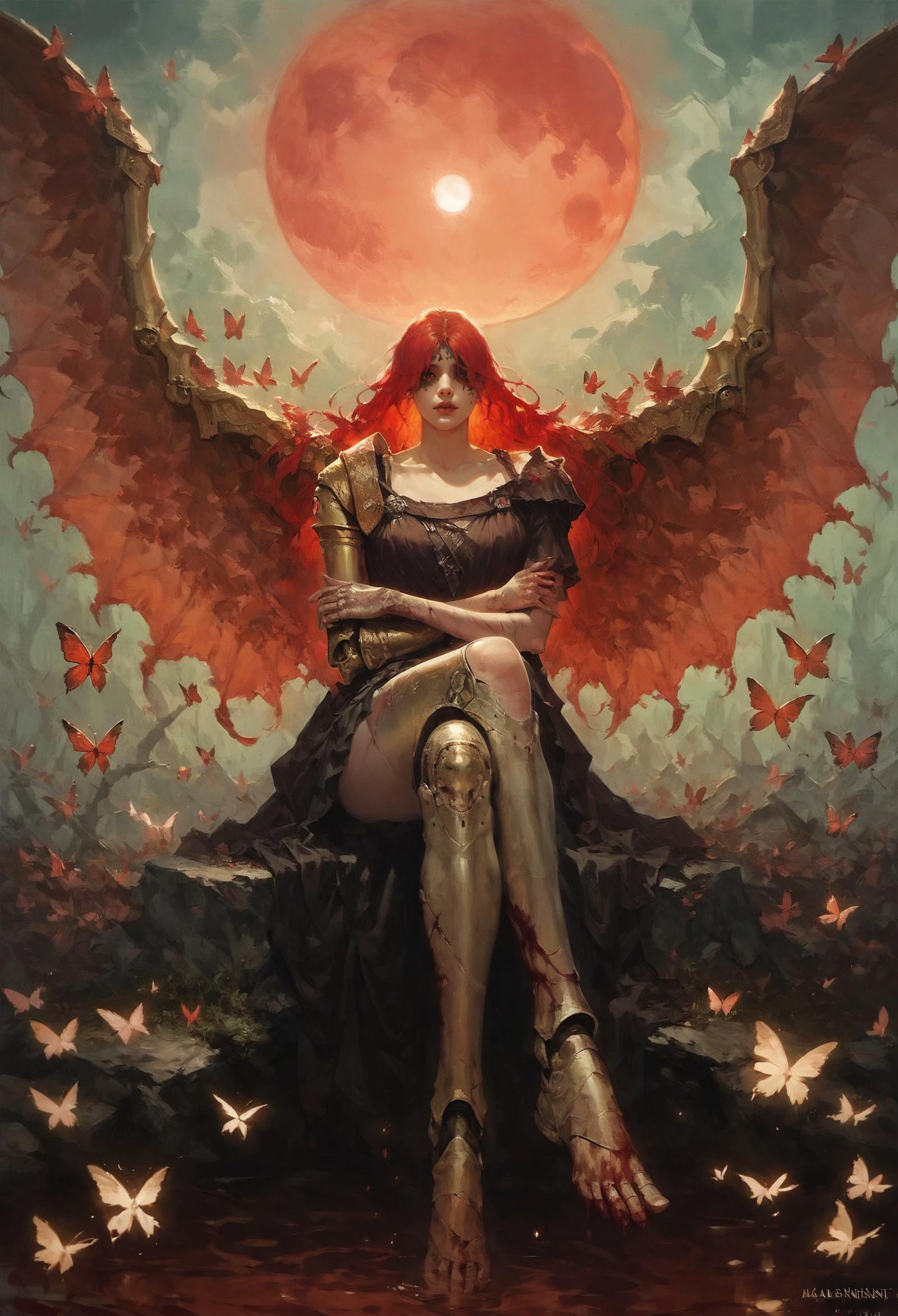 ASCII(score_9, score_8_up:1.1), score_7_up, 1girl, MaleniaRot, wings, covered eyes, scar, butterfly, bug, void forest, sitting on rock, crossed legs, red water, magical, blood moon, void <lora:d4rk01lXLP:0.7> <lora:Concept Art Eclipse Style LoRA_Pony XL v6:0.5> <lora:Malenia_XLPD:0.8> prothestic leg, single mechanical arm, prosthesis, mechanical leg,