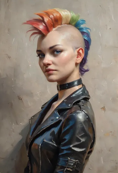 score_9, score_8_up, score_7_up, oil painting, traditional media, realistic, 1girl, solo, female, blue eyes, rainbow hair, mohawk, leather outfit, leather choker, looking at viewer, closed mouth, standing, indoors, light falling through hair, wall background, <lora:Eldritch Oil Style LoRA_Pony XL v6:1>