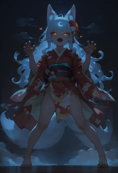score_9, score_8_up, score_7_up, Expressiveh, a cute kitsune girl , (pale skin:0.8), cute face, (blush:0.5), glowing eyes, fox ears, open mouth, fangs, claw pose, long hair, platinium hair, ((standing hair)), glowing hair, floral decoration in hair, night time, , volumetric light, mist, steam, traditional kimono, small breasts, dramatic angle, close-up, front view, looking at viewer, <lora:Anime Summer Night Style SDXL_LoRA_Pony Diffusion V6 XL:0.8>, <lora:Expressive_H:0.8> , <lora:Perfect Hands:1> Perfect Hands