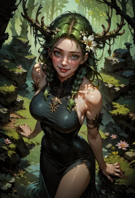 score_9, score_8_up, score_7_up, dark, from above, (solo), elven girl, standing, bare shoulders, green hair, braids, large breasts, flower hair, antlers, black dress, cute, overgrowth, sexy pose, looking at viewer, outdoor, moss, rocks, smile, 1girl, delicate and smooth skin, blush, perfect body, thighs, highly detailed, glossy lips, <lora:Concept Art DarkSide Style LoRA_Pony XL v6:0.8> concept art, <lora:GwentStyle_v2:0.6> gwentstyle <lora:Expressive_H-000001:0.8> expressiveh <lora:GRIM_v1:0.8> horror (theme)