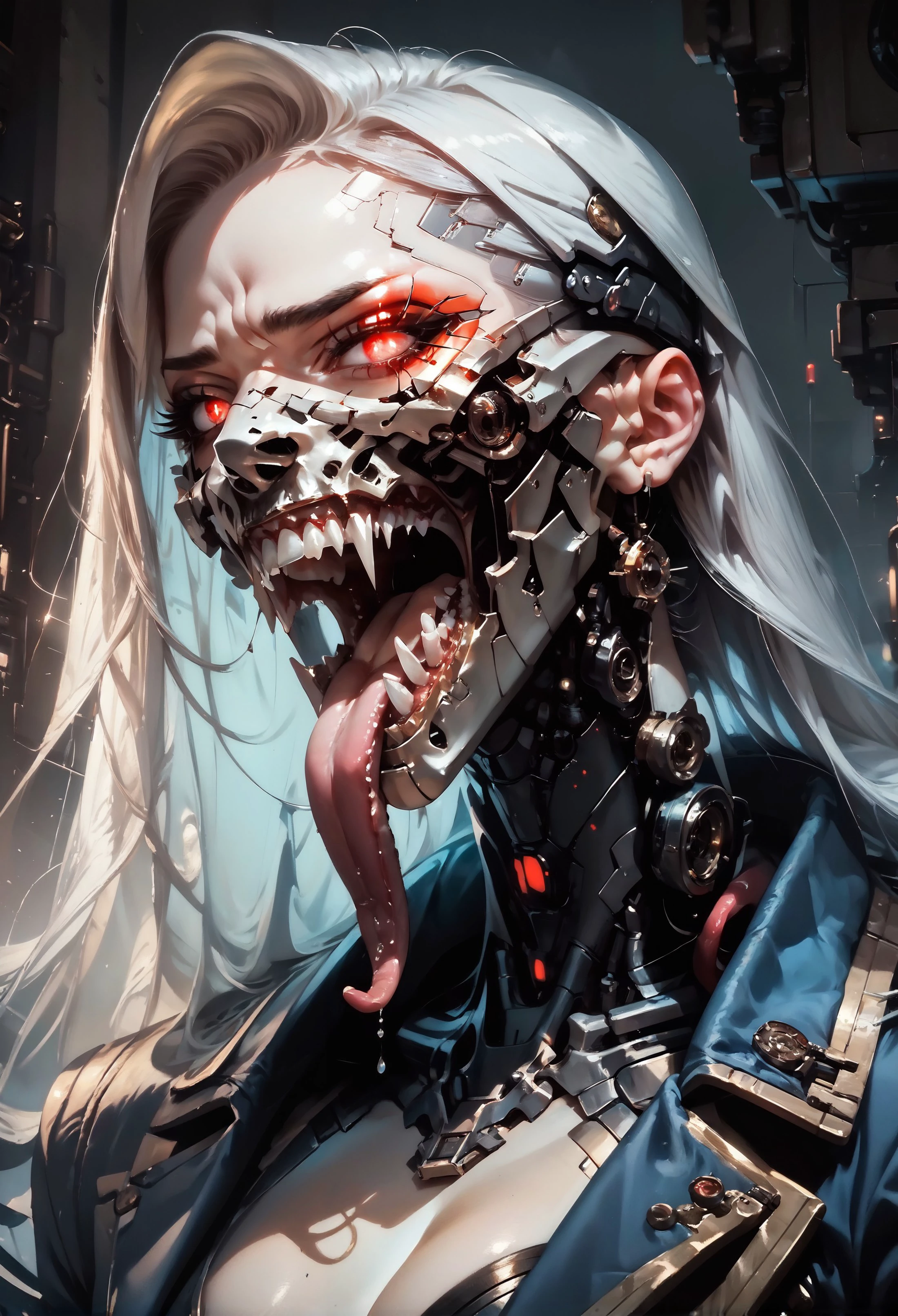 score_9, score_8_up, score_7_up, embedding:zPDXL, 1girl, solo, vampire, open mouth, red eyes, jacket, teeth, eyelashes, makeup, mask, closeup, white long hair, sharp teeth, slit pupils, portrait, steampunk, cleavage, mouth mask, cyborg, cyberpunk, mechanical parts, portrait, glowing eyes, tongue out, long tongue, saliva <lora:Concept Art Twilight Style SDXL_LoRA_Pony Diffusion V6 XL:0.8> <lora:Expressive_H-000001:0.8> expressiveh, <lora:BioPunky:0.8> <lora:longtongue-ponyxl-v1>