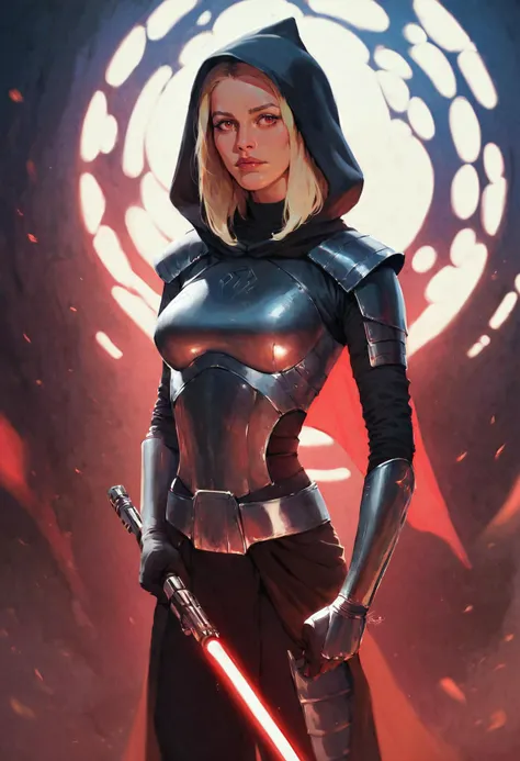 score_9, score_8_up, score_7_up, realistic, star wars, pretty 1girl, blonde hair, red eyes, slim, medium breasts, armored sith robes, hood down, holding red crossguard lightsaber in one hand, dramatic lighting, dark theme, <lora:Rainbow Style SDXL_LoRA_Pony Diffusion V6 XL:0.8>, <lora:sinfully_stylish_SDKL:0.6> <lora:hand 4:0.3>, <lora:perfection style:0.1>, <lora:Rembrandt Lighting Style:1>, <lora:detailed:0.3>