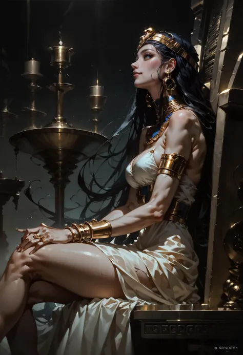 score_9, score_8_up, score_7_up, side view, (solo), Cleopatra, Egyptian, goddess, pharaoh, sitting on a golden throne, white dress, air of superiority, condescending look, marble columns, silks, very long hair, thick hair, 1girl, delicate and smooth skin, blush, perfect body, thighs, highly detailed, glossy lips, <lora:Concept Art DarkSide Style LoRA_Pony XL v6:0.8> concept art, <lora:GwentStyle_v2:0.6> gwentstyle <lora:Expressive_H-000001:0.8> expressiveh <lora:GRIM_v1:0.8> horror (theme)