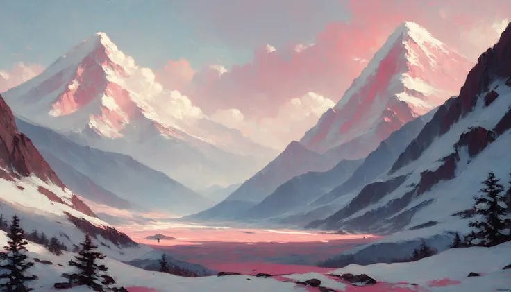 score_9_up, score_8_up, score_7_up, score_6_up, score_5_up, landscape shot from base of mountain, huge mountains with snow, pink sunlight, <lora:Palette Knife Painting Style LoRA_Pony XL v6:0.7>
