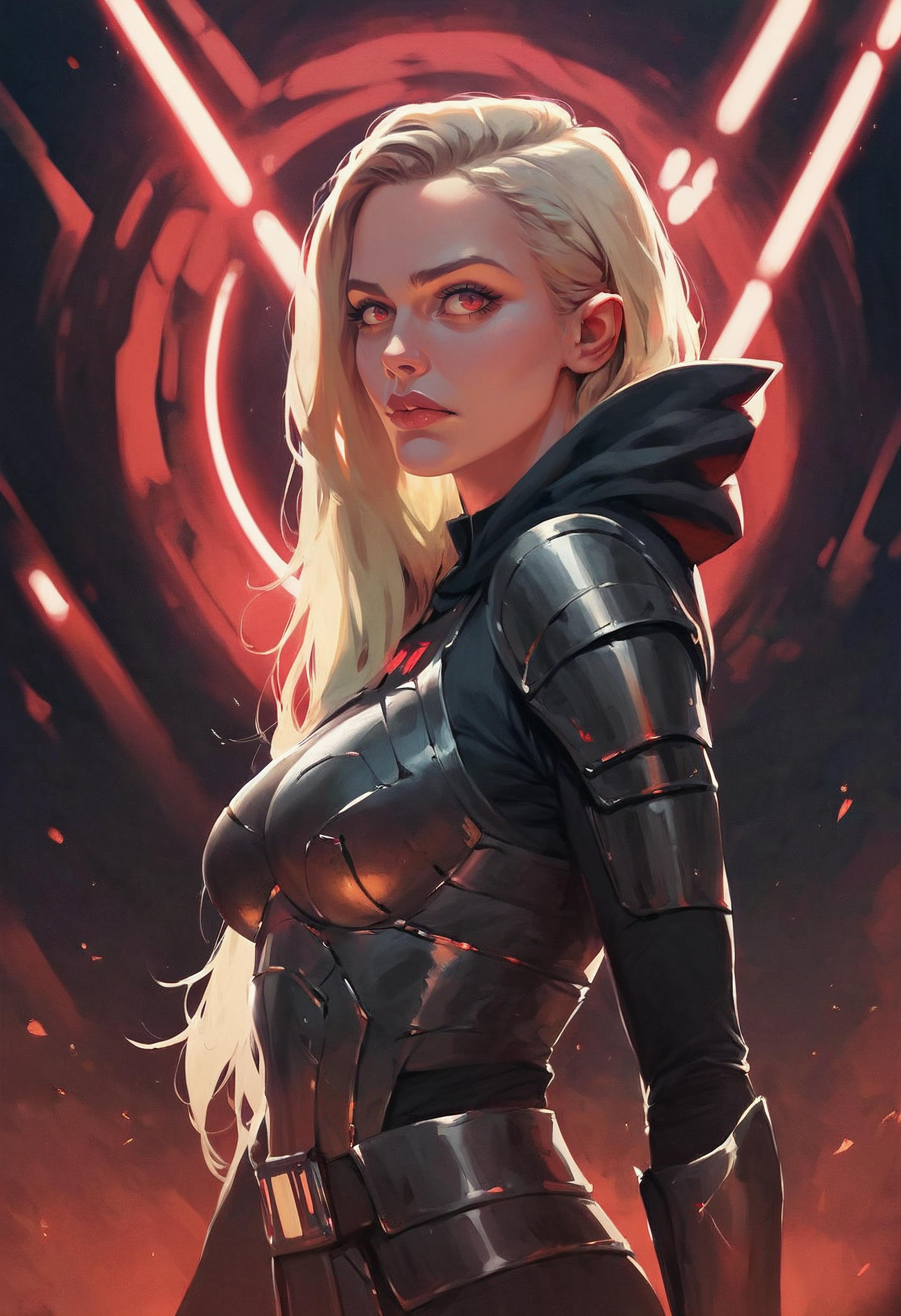 A woman in armor standing in front of a red light - SeaArt AI