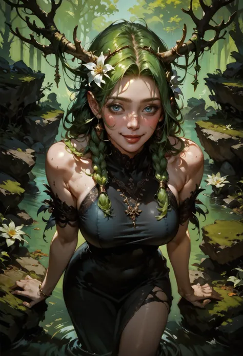 score_9, score_8_up, score_7_up, dark, from above, (solo), elven girl, standing, bare shoulders, green hair, braids, large breasts, flower hair, antlers, black dress, cute, overgrowth, sexy pose, looking at viewer, outdoor, moss, rocks, smile, 1girl, delicate and smooth skin, blush, perfect body, thighs, highly detailed, glossy lips, <lora:Concept Art DarkSide Style LoRA_Pony XL v6:0.8> concept art, <lora:GwentStyle_v2:0.6> gwentstyle <lora:Expressive_H-000001:0.8> expressiveh <lora:GRIM_v1:0.8> horror (theme)