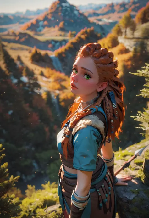 score_9, score_8_up,very aesthetic,uncensored,rating_explicit,rating_questionable,
1girl,Aloy's outfit,adventurer outfit,sexy,cute face,posing with spear on a cliff looking down the plains,forest,green eyes,blush,(freckles:0.7),looking at viewer,
<lora:Anime Summer Days 2 Style SDXL_LoRA_Pony Diffusion V6 XL:0.8>,panorama,from_outside,from_side,from_above,<lora:Expressive_H:0.8>,Expressiveh,