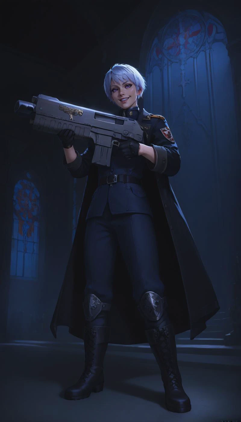 score_9, score_8_up, score_7_up,  (masterpiece:1.2), (best quality), (detailed), , 1girl, gloves, boots, short hair, uniform, knee boots, purple eyes, white hair, belt, smile, in a factory, Gothic, cathedral, grimdark, military uniform, military, coat, bolter, bltgun, holding gun, ( (a bltgun bolter weapon) in her hands), (aiming at viewer), simple background, zPDXL <lora:Smooth Night Style SDXL_LoRA_Pony Diffusion V6 XL:0.8> dark theme, low light, <lora:Bolter_-_Warhammer_40000_Pony_SDXL:1>