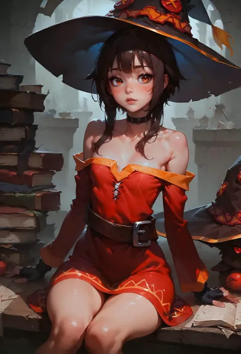 score_9, score_8_up, score_7_up, Slim girl, tiny breasts, narrow waist, wide hips, skinny, tiny, miniscule, petite, small arms, small legs, small body, megumin, bare shoulders, black gloves, black hair, blush, choker, collarbone, dress, fingerless gloves, gloves, hair between eyes, hat, long sleeves, medium hair, off-shoulder dress, off shoulder, red dress, red eyes, sidelocks, witch hat, fire in the background, 1girl, delicate and smooth skin, blush, perfect body, thighs, highly detailed, glossy lips, <lora:Concept Art DarkSide Style LoRA_Pony XL v6:0.8> concept art, <lora:GwentStyle_v2:0.6> gwentstyle <lora:Expressive_H-000001:0.8> expressiveh