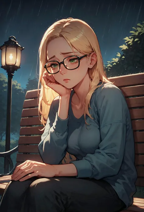 score_9, score_8_up, score_7_up, 1girl, sitting on a bench in a park at night, dusk, lantern light, sad, raining, head resting on hands, blonde hair, long hair, nerdy glasses, green eyes  <lora:sdxl\Smooth Anime Style LoRA XL:0.8> <lora:sdxl\Expressive_H-000001:0.3>, expressiveH <lora:sdxl\sinfully_stylish_SDXL>