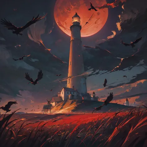 (((masterpiece, best quality)), oil painting, a murder of crows flying over a haunted wheat field, a (lighthouse) is in the background, ((more crows)), (night time), full moon, large clouds, bloodmoon, red moon, nightmare, red lighting, lots of crows, water colour, lens flair, swirling clouds, evil clouds, menacing lighting