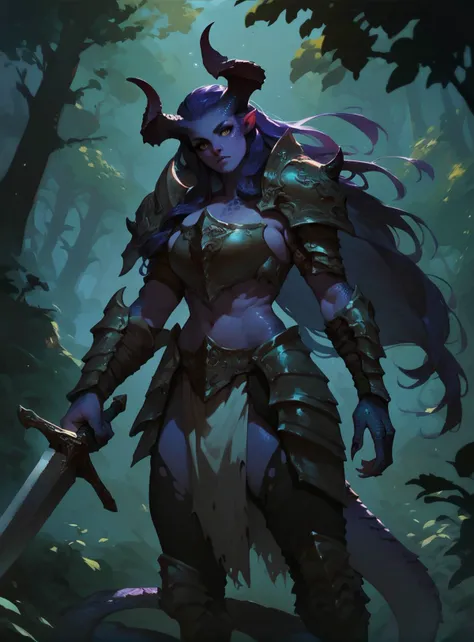 score_9, score_8_up, score_7_up, score_6_up, monster girl, very beautiful, barbarian, armored, holding a sword, long hair, horns, scales, blue and purple gradient skin, in the forest <lora:Anime Cold Night Style SDXL_LoRA_Pony Diffusion V6 XL:0.8>