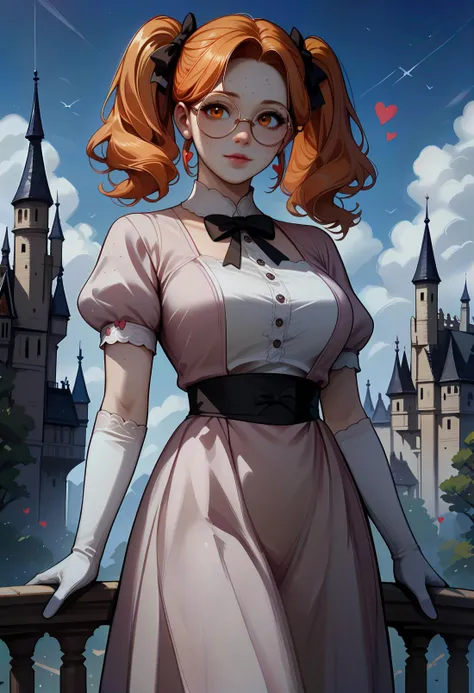 score_9, score_8_up, score_7_up, score_6_up, score_5_up, score_4_up, highly detailed, source_anime, solo, Wilnayaa, orange hair, orange eyes, mature, twintails, round glasses, 1girl, freckles, big breasts, solo, medium hair, high twintails 1girl, solo, gloves, dress, elbow gloves, heart, lips, pink dress, standing, bow, looking at viewer, socks, short sleeves, puffy short sleeves, brown eyes, white gloves, background, castle, <lora:Wilnaya:0.4> <lora:Smooth Anime Night Style SDXL_LoRA_Pony Diffusion V6 XL:0.8>