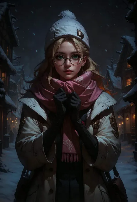 score_9, score_8_up, score_7_up, score_6_up, score_5_up, score_4_up, 1 girl, blonde hair, long hair, crownbraid, snowcap, round eyewear, glasses, white winter furcoat, snow, standing, in snow, night, solo, bokeh, orange lighting, pink scarf, hand on scarf, green eyes, black gloves, close up, pleading, moonlight, snowing <lora:sdxl\Concept Art DarkSide Style LoRA_Pony XL v6:0.8>, concept art, realistic, <lora:sdxl\Expressive_H-000001:0.8>, expressiveH <lora:sdxl\pony_OldAnimeStyle_XL_v3:0.4>, 1990s \(style\), vintage <lora:sdxl\sinfully_stylish_SDXL>