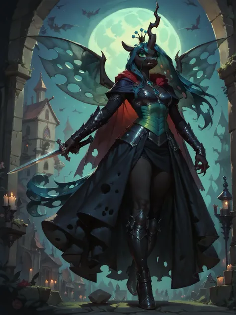 score_9, score_8_up, score_7_up, score_6_up, realistic illustration, 1girl, Queen Chrysalis \(mlp\), (anthro pony:1.1), mature, tail, wings, stern face,
gothic armor, crown, full body,
cloak, holding sword,
medieval theme, night, moon, dark theme, low light, <lora:Anime Summer Night Style SDXL_LoRA_Pony Diffusion V6 XL:0.3>, <lora:Concept Art Twilight Style SDXL_LoRA_Pony Diffusion V6 XL:0.8> <lora:Realistic000003_1_2.5DAnime_0.05_Merge1:0.5> <lora:[GP] somethingweird [Pony XL]:0.5> <lora:g0th1cPXL:0.4> <lora:Zankuro_Style_Pony:0.4>